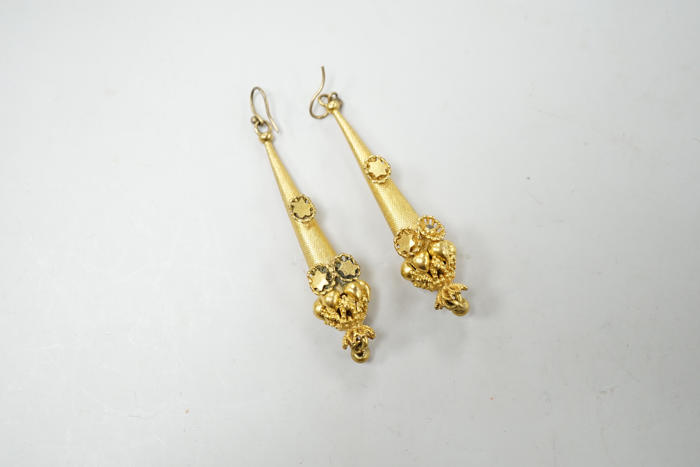 A pair of Victorian yellow metal conical shaped drop earrings, 56mm, gross weight 8.6 grams.
